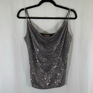 PS Love Tank Top Women's Medium Grey Silver Sequin TeaElla Draped Neckline